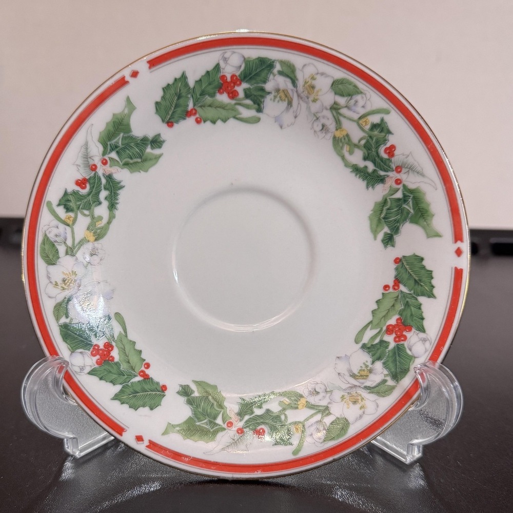 Vtg Lynns St Maria SaucerChristmas Holly Berry Floral‎ Plate Holiday Fine China